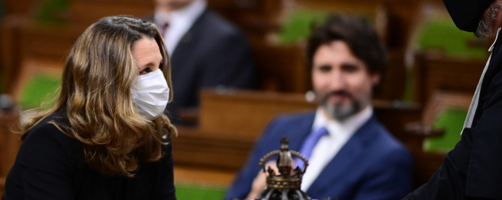 Minister of Finance Chrystia Freeland hands over the 2020 fiscal update in the House of Commons on Nov. 30, 2020. Sean Kilpatrick/The Canadian Press