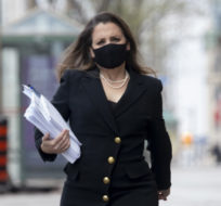 Minister of Finance Chrystia Freeland walks to a news conference before delivering the federal budget on April 19, 2021. Adrian Wyld/The Canadian Press