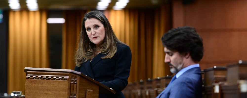 Finance Minister Chrystia Freeland delivers the federal budget in the House of Commons as Prime Minister Justin Trudeau looks on. Sean Kilpatrick/The Canadian Press