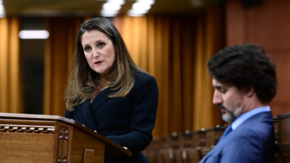 Finance Minister Chrystia Freeland delivers the federal budget in the House of Commons as Prime Minister Justin Trudeau looks on. Sean Kilpatrick/The Canadian Press