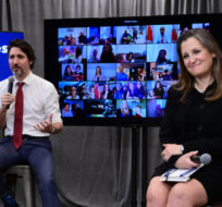 Prime Minister Justin Trudeau and Minister of Finance Chrystia Freeland talk with parents during a virtual discussion on child care on Apr. 21, 2021. Sean Kilpatrick/The Canadian Press