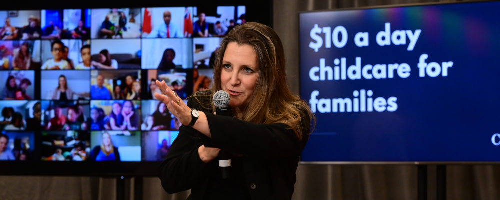 Finance Minister Chrystia Freeland talks with parents during a virtual discussion on child care in Ottawa, Wednesday, Apr.21, 2021. Sean Kilpatrick/The Canadian Press