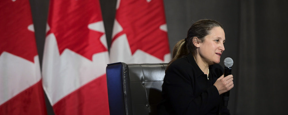Finance Minister Chrystia Freeland participates in a virtual discussion from Ottawa on May 3, 2021. Sean Kilpatrick/The Canadian Press
