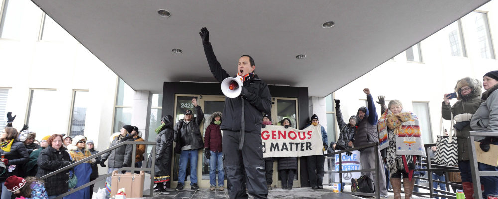 Chief Cadmus Delorme of Cowessess First Nation speaks during a rally in Regina on Feb. 10, 2018. Mark Taylor/The Canadian Press.