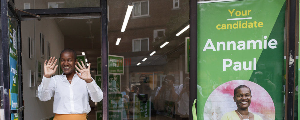 Federal Green Party leader Annamie Paul arrives to a press conference as she officially opens her campaign office in Toronto Centre on July 22, 2021. Cole Burston/The Canadian Press.