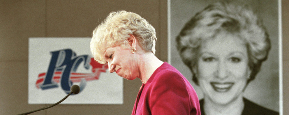 Kim Campbell delivers final words of her speech to supporters in her Vancouver Centre riding after her party was defeated on Oct. 25, 1993. Tom Hanson/The Canadian Press.