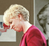 Kim Campbell delivers final words of her speech to supporters in her Vancouver Centre riding after her party was defeated on Oct. 25, 1993. Tom Hanson/The Canadian Press.