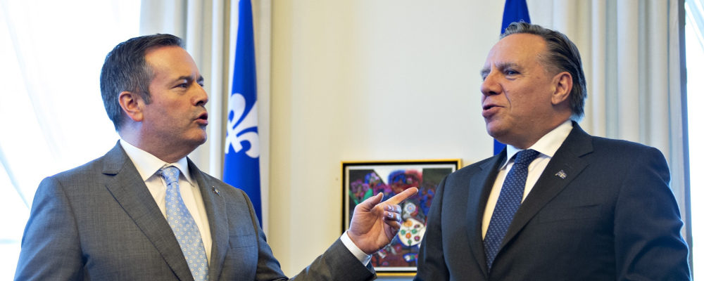 Alberta Premier Jason Kenney chats with Quebec Premier Francois Legault on Wednesday, June 12, 2019 at the Quebec Premier's office in Quebec City. Kenney said Monday his Quebec counterpart does not understand the history of equalization. Jacques Boissinot/The Canadian Press.