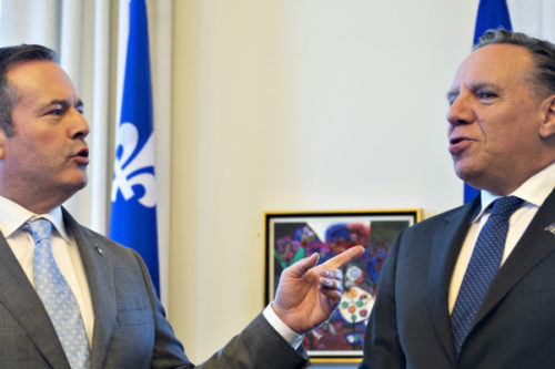 Alberta Premier Jason Kenney chats with Quebec Premier Francois Legault on Wednesday, June 12, 2019 at the Quebec Premier's office in Quebec City. Kenney said Monday his Quebec counterpart does not understand the history of equalization. Jacques Boissinot/The Canadian Press.