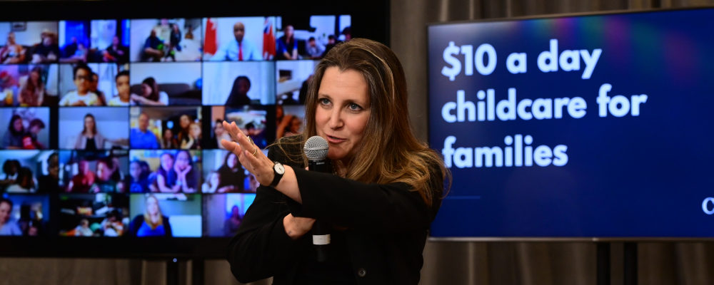 Deputy Prime Minister and Minister of Finance Chrystia Freeland talks with parents during a virtual discussion on child care in Ottawa, Wednesday, Apr.21, 2021. Sean Kilpatrick/The Canadian Press.