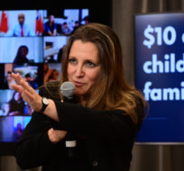 Deputy Prime Minister and Minister of Finance Chrystia Freeland talks with parents during a virtual discussion on child care in Ottawa, Wednesday, Apr.21, 2021. Sean Kilpatrick/The Canadian Press.