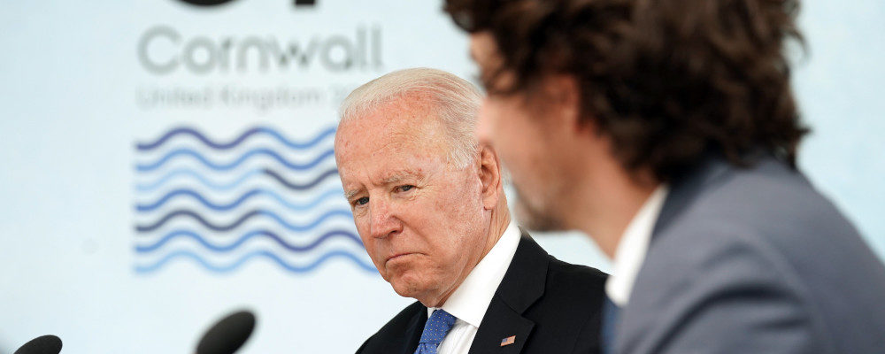 President Joe Biden listens as Canadian Prime Minister Justin Trudeau speaks during the G-7 summit at the Carbis Bay Hotel in Carbis Bay, St. Ives, Cornwall, England on June 11, 2021. Kevin Lamarque/AP Photo.