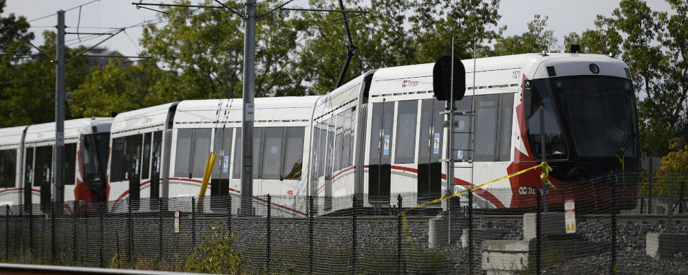 An OC Transpo O-Train is seen west of Tremblay LRT Station  In Ottawa on Monday, Sept. 20, 2021 after it derailed on Sunday. Justin Tang/The Canadian Press.