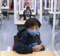 Children wearing masks sit behind screened in cubicles as they learn in their classroom after getting their pictures taken at picture day at St. Barnabas Catholic School. Nathan Denette/The Canadian Press.