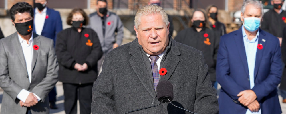 Ontario premier Doug Ford announces an increase to the minimum wage to $15 an hour at a press conference in Milton, Ont., on Tuesday, November 2, 2021. Nathan Denette/THE CANADIAN PRESS.