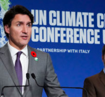 Prime Minister Justin Trudeau and Minister of Environment and Climate Change Steven Guilbeault hold a press conference at COP26 in Glasgow, Scotland on Tuesday, Nov. 2, 2021. Sean Kilpatrick/THE CANADIAN PRESS.