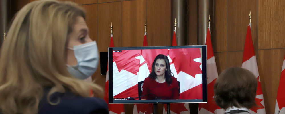 Deputy Prime Minister and Minister of Finance Chrystia Freeland speaks virtually at a press conference about the 2021 Economic and Fiscal Update during a lockup session in Ottawa on Tuesday, December 14, 2021. Patrick Doyle/The Canadian Press.