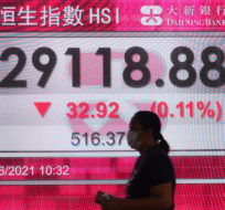 A woman walks past a bank's electronic board showing the Hong Kong share index in Hong Kong, Tuesday, June 1, 2021. Vincent Yu/AP Photo.