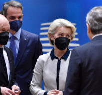 From left, Lithuania's President Gitanas Nauseda, German Chancellor Olaf Scholz,Greek Prime Minister Kyriakos Mitsotakis, European Commission President Ursula von der Leyen, Italy's Prime Minister Mario Draghi and Denmark's Prime Minister Mette Frederiksen during a round table meeting at an extraordinary EU summit on Ukraine in Brussels, Thursday, Feb 24, 2022. Russia launched a wide ranging attack on Ukraine on Thursday, hitting cities and bases with airstrikes or shelling, as civilians piled into trains and cars to flee. Geert Vanden Wijngaert/AP Photo.