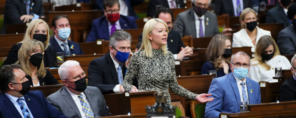 Conservative interim leader Candice Bergen rises during question period in the House of Commons on Parliament Hill in Ottawa on Tuesday, March 1, 2022. Sean Kilpatrick/The Canadian Press.