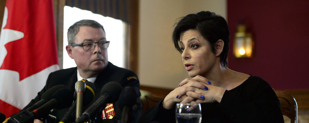 Vice-Admiral Mark Norman sits with his lawyer Marie Henein at a press conference in Ottawa on Wednesday, May 8, 2019. Sean Kilpatrick/The Canadian Press.