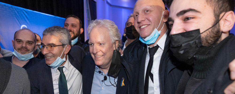 Jean Charest poses for pictures with supporters Thursday, March 24, 2022 as he launches the Quebec part of his campaign for the Consevative Party leadership in Laval, Quebec. Ryan Remiorz/The Canadian Press.