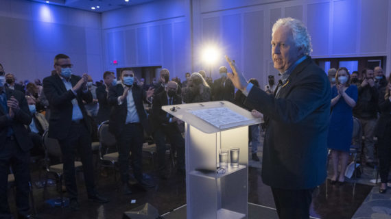 Jean Charest speaks to supporters on March 24, 2022. Ryan Remiorz/The Canadian Press.