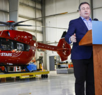Alberta Premier Jason Kenney provides details on sustainable helicopter air ambulance funding  in Calgary on March 25, 2022. Jeff McIntosh/The Canadian Press.