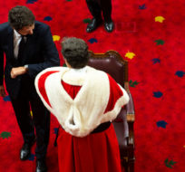 Prime Minister Justin Trudeau greets Richard Wagner, Chief Justice of the Supreme Court of Canada, with an elbow bump before the delivery of the Speech from the Throne at the Senate of Canada Building in Ottawa, on Wednesday, Sept. 23, 2020. Justin Tang/The Canadian Press.