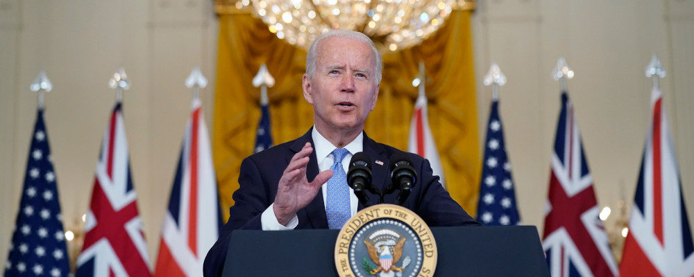 President Joe Biden, joined virtually by Australian Prime Minister Scott Morrison and British Prime Minister Boris Johnson, speaks about a national security initiative from the East Room of the White House in Washington, Wednesday, Sept. 15, 2021. Andrew Harnik/AP Photo.
