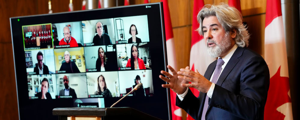 Minister of Canadian Heritage, Pablo Rodriguez announces a new expert advisory group on online safety as a next step in developing legislation to address harmful online content during a press conference in Ottawa on Wednesday, March 30, 2022. Sean Kilpatrick/The Canadian Press.