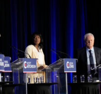 Conservative leadership hopefuls Pierre Poilievre, left to right, Patrick Brown, Scott Aitchison, Leslyn Lewis, Jean Charest and Roman Baber take part in the Conservative Party of Canada French-language leadership debate in Laval, Quebec on Wednesday, May 25, 2022. Ryan Remiorz/The Canadian Press.