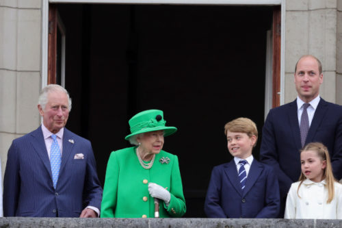 From left, Camilla, Duchess of Cornwall, Prince Charles, Queen Elizabeth II, Prince George, Prince William, Princess Charlotte, Prince Louis and Kate, Duchess of Cambridge stand on the balcony, at the end of the Platinum Jubilee Pageant held outside Buckingham Palace, in London, Sunday June 5, 2022, on the last of four days of celebrations to mark the Platinum Jubilee. Chris Jackson/AP Photo.