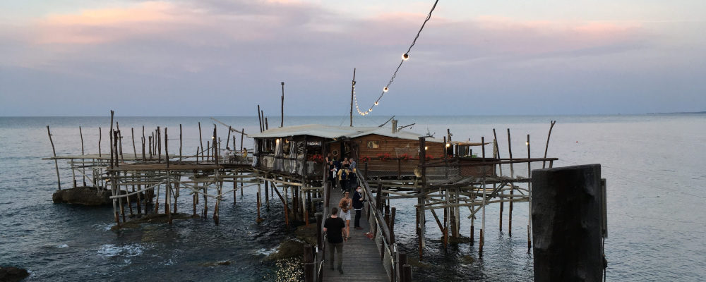 A trabocco on the waters of the Adriatic on the coast of Italy's Abruzzo region. Photo credit: Malcolm Jolley.