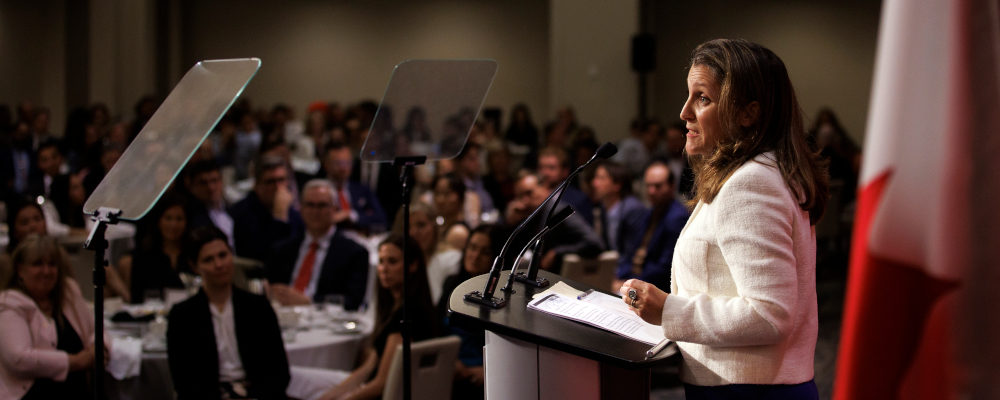 Canada’s Deputy Prime Minister Chrystia Freeland addresses a crowd at the Empire Club of Canada in Toronto, Thursday, June 16, 2022. Cole Burston/The Canadian Press.