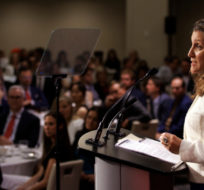 Canada’s Deputy Prime Minister Chrystia Freeland addresses a crowd at the Empire Club of Canada in Toronto, Thursday, June 16, 2022. Cole Burston/The Canadian Press.