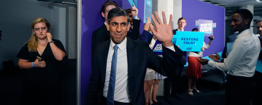 British Conservative Party member Rishi Sunak, centre, launches his campaign for the Conservative Party leadership, in London, Tuesday, July 12, 2022. Alberto Pezzali/AP Photo.