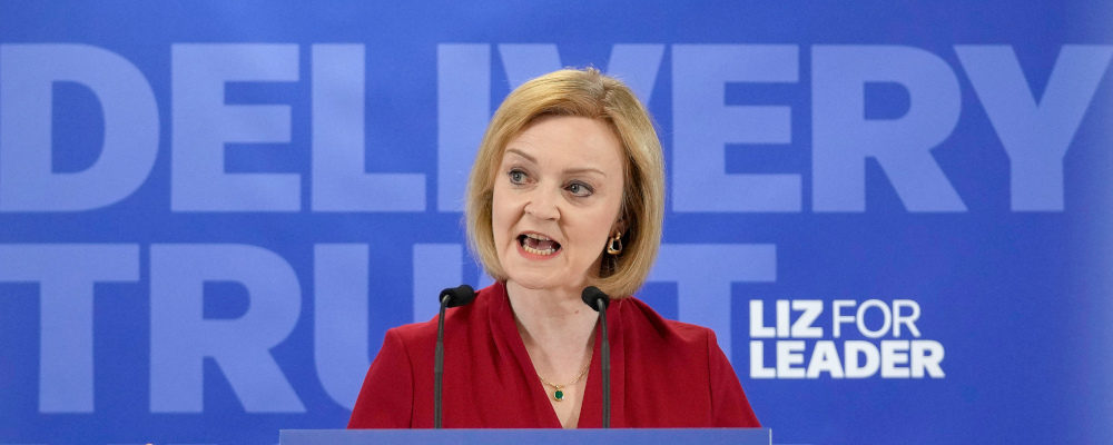Britain's Secretary of State for Foreign, Commonwealth and Development Affairs, Liz Truss, speaks during the launch of her campaign to be Conservative Party leader and Prime Minister, in Westminster, in London, Thursday, July 14, 2022. Frank Augstein/AP Photo.