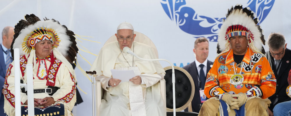 Pope Francis delivers his apology to Indigenous people for the church’s role in residential schools during a ceremony in Maskwacis, Alberta on July 25, 2022. Nathan Denette/The Canadian Press.