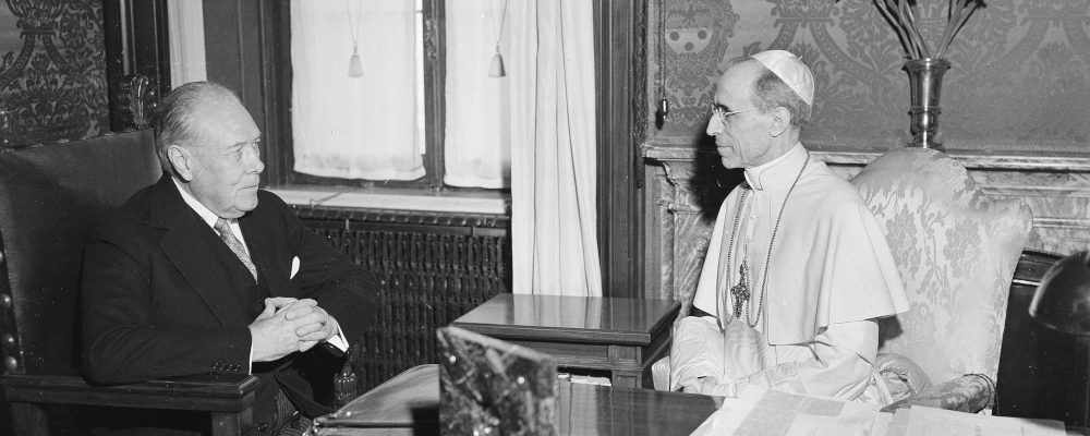 President Truman's envoy to the Vatican, Myron C. Taylor, left, has an audience with Pope Pius XII at Castelgandolfo near Rome, on Aug. 26, 1947. Luigi Felici/AP Photo.