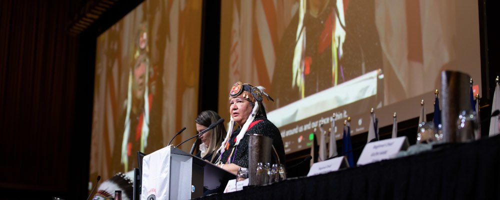 Assembly of First Nations National Chief RoseAnne Archibald speaks during the AFN annual general meeting in Vancouver, on July 5, 2022. Darryl Dyck/The Canadian Press.