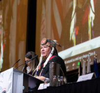 Assembly of First Nations National Chief RoseAnne Archibald speaks during the AFN annual general meeting in Vancouver, on July 5, 2022. Darryl Dyck/The Canadian Press.