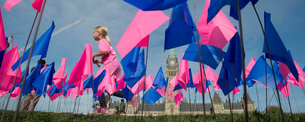 A young volunteer runs past thousands of pink and blue flags in front of Parliament Hill as an anti-abortion group raises awareness Thursday, October 2, 2014 in Ottawa. Adrian Wyld/The Canadian Press.