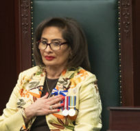 Lieutenant Governor of Alberta Salma Lakhani delivers the speech from the throne in Edmonton on Feb. 22, 2022. Jason Franson/The Canadian Press.