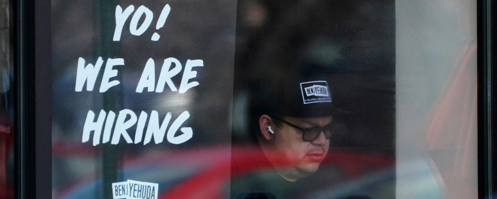 A hiring sign is displayed at a restaurant in Schaumburg, Ill., April 1, 2022. Nam Y. Huh/AP Photo.