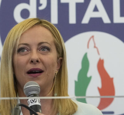 Giorgia Meloni speaks to the media at her party's electoral headquarters in Rome on Sept. 25, 2022. Gregorio Borgia/AP Photo.