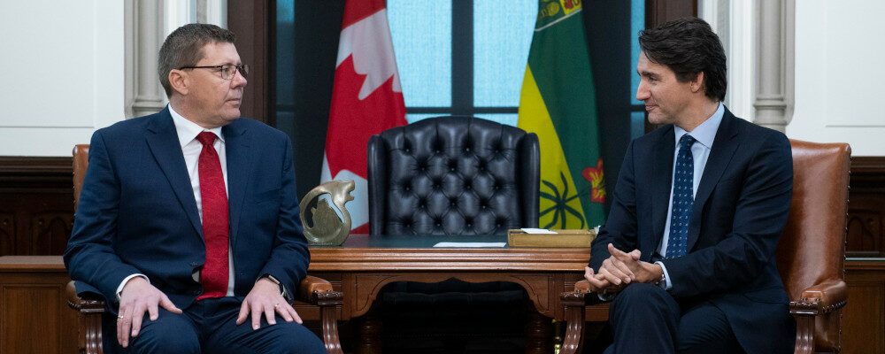 Prime Minister Justin Trudeau meets with Premier of Saskatchewan Scott Moe in his office on Parliament Hill in Ottawa on Tuesday, Nov. 12, 2019. Justin Tang/The Canadian Press.