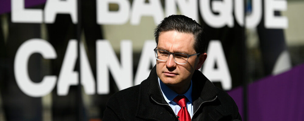 Pierre Poilievre speaks during a press conference outside the Bank of Canada in Ottawa, on Thursday, April 28, 2022. Justin Tang/The Canadian Press.