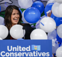Danielle Smith celebrates after being chosen as the new leader of the United Conservative Party and next Alberta premier in Calgary on Oct. 6, 2022. Jeff McIntosh/The Canadian Press.
