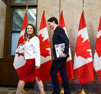 Prime Minister Justin Trudeau and Deputy Prime Minister joins Minister of Finance Chrystia Freeland as they make their way to the House of Commons on Parliament Hill for the tabling of the Fall Economic Statement in Ottawa, on Thursday, Nov. 3, 2022. Justin Tang/The Canadian Press.
